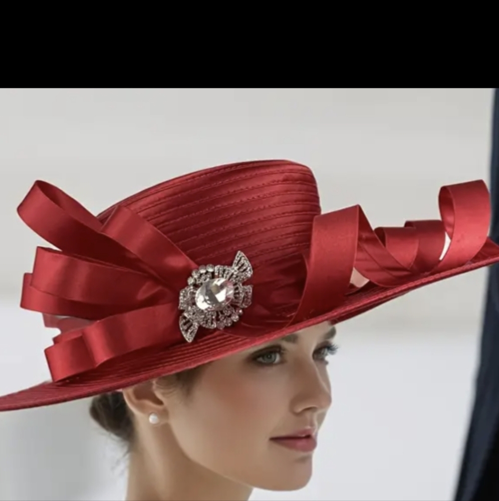 Elegant Red Wide-Brim Satin Church Hat with Rhinestone Accent